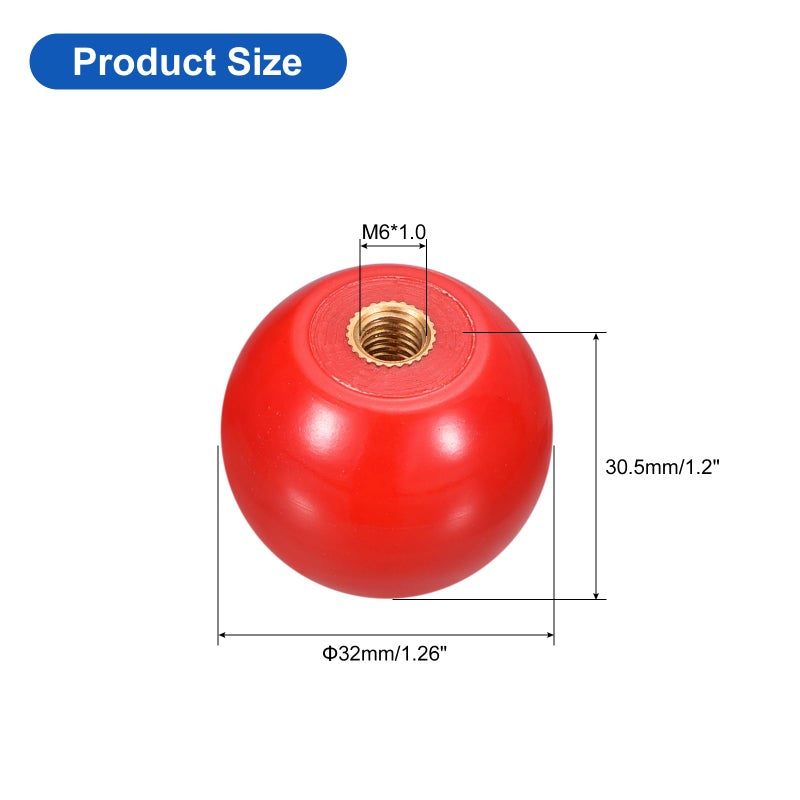 يو إكس سيل uxcell 4 قطع مقابض كروية مترابطة، M6 أنثى خيط حراري مقبض كروي 32 مم ديا مقابض كروية دائرية مع إدراج نحاسي لمقبض رافعة الماكينة، أحمر - Image 2